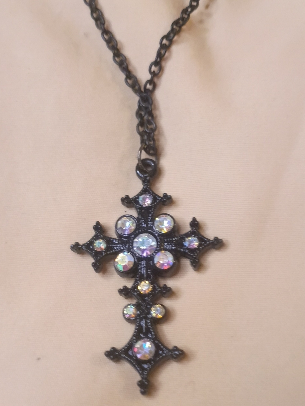 Source Unknown Black Cross Pendant Necklace with Aurora Crystal Accents